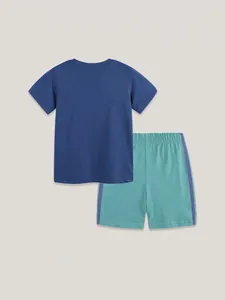 Boys two-piece summer sports set with navy short sleeve T-shirt and teal athletic shorts