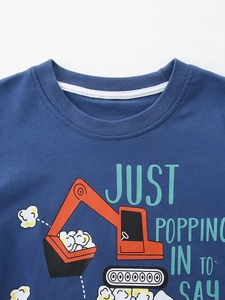Boys blue cotton t-shirt featuring cartoon excavator print and ribbed crew neckline