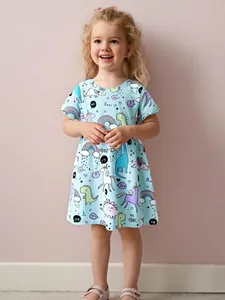 Girls Summer Short Sleeve Princess Dress Light Blue Cartoon Dinosaur Unicorn Print Round Neck Polyester Casual Dress