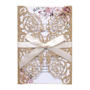 Golden laser cut wedding invitation with glitter floral cover and purple floral inner card