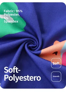 Détail du tissu doux en polyester bleu royal avec des imprimés abstraits colorés