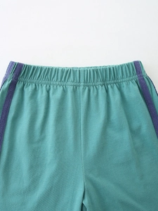 Elastic waist detail of boys casual knit cotton sports shorts with purple side stripes