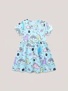 Light blue short sleeve girl's dress with dinosaur and unicorn cartoon prints for summer