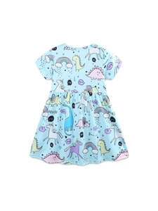 Short sleeve light blue girls dress with unicorn and rainbow cartoon prints