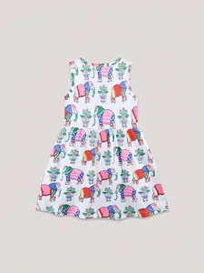 Girls summer A-line dress with colorful elephant and floral prints on white cotton fabric