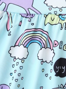 Short sleeve girls' princess dress featuring colorful rainbow and cartoon animal prints