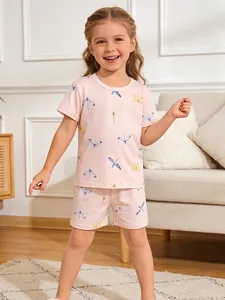 Set Pigiama Estivo da Bambina con Stampa Libellula in Poliestere Maglietta a Maniche Corte e Pantaloncini Due Pezzi Abbigliamento da Casa