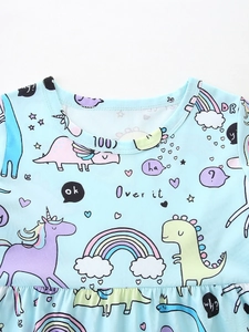 Girls light blue short sleeve dress with cartoon dinosaur and unicorn pattern