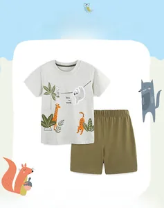 Detail of boys summer set with love our earth giraffe print and olive shorts