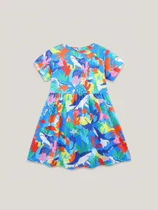 Abito estivo blu per bambina con stampe di creature marine e taglio a trapezio chic