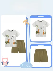 Close-up of boys' grey cotton T-shirt with jungle animals and green casual shorts