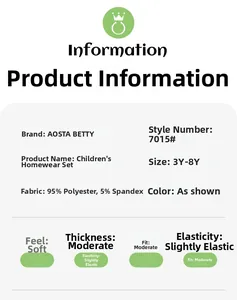 Size chart and fabric info for kids loungewear set made of 95% polyester and 5% spandex