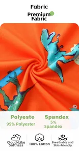 Close-up of orange dinosaur print fabric showing 95% polyester and 5% spandex blend texture