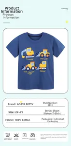 Detail of 100% cotton kids t-shirt with blue construction vehicle print pattern