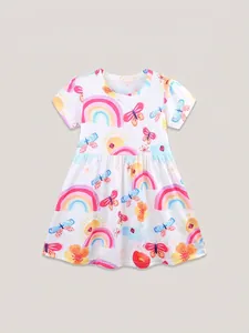 Robe de Princesse à Manches Courtes pour Filles Été Imprimé Dessin Animé Arc-en-ciel Papillon Col Rond Robe Trapèze 3-8 Ans