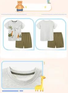 Detail of boys knit cotton summer set featuring cartoon animals and ribbed neckline