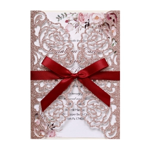 Laser Cut Glitter Wedding Invitations With Ribbon Bow Rose Floral Hollow Out Cards For Marriage Engagement Party Supplies
