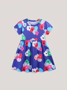 Robe à Manches Courtes pour Filles de Style Occidental en Polyester Imprimé Floral Robe de Princesse Ligne A pour Enfants
