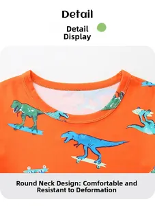 Detail of orange cotton crew neck kids T-shirt with dinosaur skateboarding print