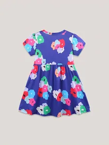 Robe fille bleu roi à manches courtes avec imprimé fleuri et jupe trapèze évasée