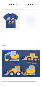 Detail of cartoon construction vehicle print on navy blue cotton t-shirt for boys