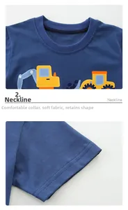 Close-up of boys' blue cotton tee neckline featuring cartoon construction vehicle prints