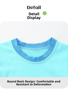 Detail of light blue cotton T-shirt showing durable crew neck ribbing and neat stitching