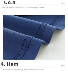 Detail view of double-stitched hem and cuffs on blue knitted cotton boy's t-shirt