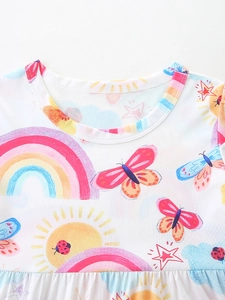 Robe d'été pour fille blanche avec imprimé arc-en-ciel et motifs dessins animés