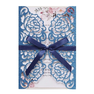 Navy blue glitter laser-cut wedding invitation card with rose pattern and ribbon