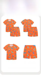 Detailed views of kids summer lounge set in bright orange with dinosaur patterns