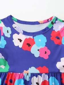 Robe fille bleu roi à manches courtes avec imprimé fleuri et jupe plissée de princesse