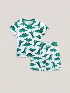 Pyjama d'été pour enfants avec imprimé dinosaures, t-shirt col rond et short élastique