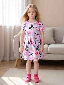 Vestido de Verano de Manga Corta para Niñas con Estampado de Mariposa Estilo Occidental Cuello Redondo Vestido de Princesa