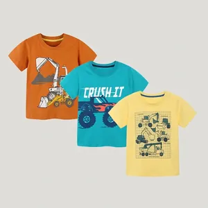 Boys Summer Short Sleeve T-Shirt 100% Cotton Cartoon Construction Vehicle Monster Truck Printed Round Neck Casual Tops