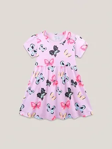 Vestido de verano rosa de manga corta para niñas con estampados de mariposas y cuello redondo