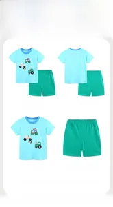 Detailed views of cotton kids' summer set featuring cartoon tractor embroidery on T-shirt