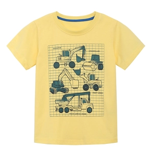 Boys yellow cotton T-shirt with graphic engineering vehicle prints like excavators