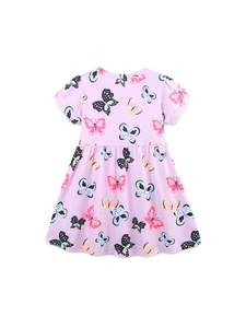 Vestido de niña de manga corta con estampado de mariposas en rosa lila y cuello redondo