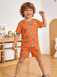 Kids Boys Summer Loungewear Set Skateboard Dinosaur Print Short Sleeve T-Shirt And Shorts Polyester Orange Home Clothing
