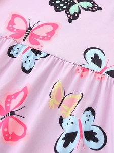 Vestido rosa de manga corta para niña con estampados de mariposas y volantes suaves