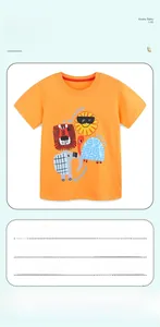 Detail view of 100% cotton orange T-shirt featuring cartoon sun and lion prints
