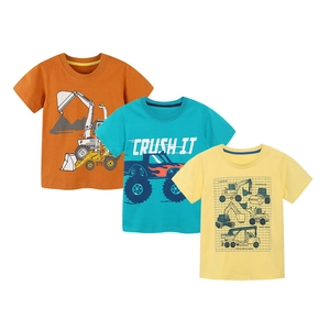 Three-pack cotton boys t-shirts with construction truck prints in orange blue and yellow
