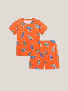 Kids orange summer cotton set with cartoon dinosaur prints on short sleeve tee and shorts
