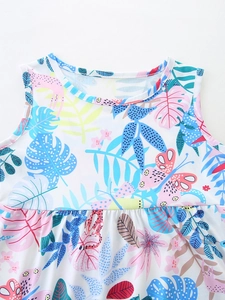 Mädchen Sommerkleid weiß ärmellos mit tropischen Blättern und Schmetterlingsdruck