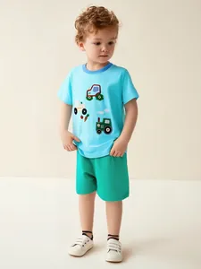 Boys Summer 2-Piece Set Western Style Cotton Light Blue Short Sleeve T-Shirt With Tractor Embroidery And Green Shorts For Kids