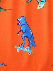 Kids orange summer pajama set with blue cartoon T-Rex dinosaur on skateboard print