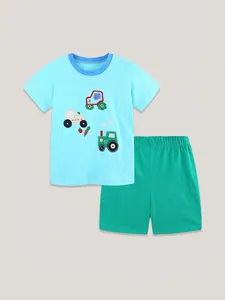 Kids cotton summer set with blue tractor embroidery t-shirt and green elastic shorts