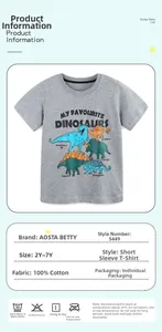 Détail d'un t-shirt enfant en coton avec motifs dinosaures et tableau des tailles
