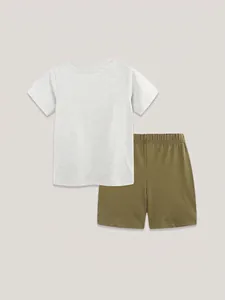 Boys summer outfit with grey short sleeve t-shirt and olive green shorts two-piece set